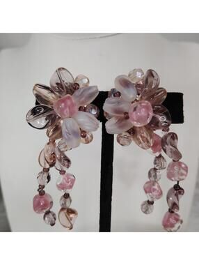 Rare Vintage West Germany Pink Givre Glass Dangle Clip Earrings